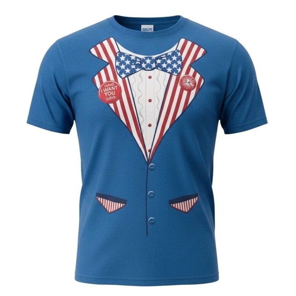 Uncle Sam Tuxedo T-Shirt Gildan Men's XL Blue Patriotic 4th Of July Bow Tie NWT